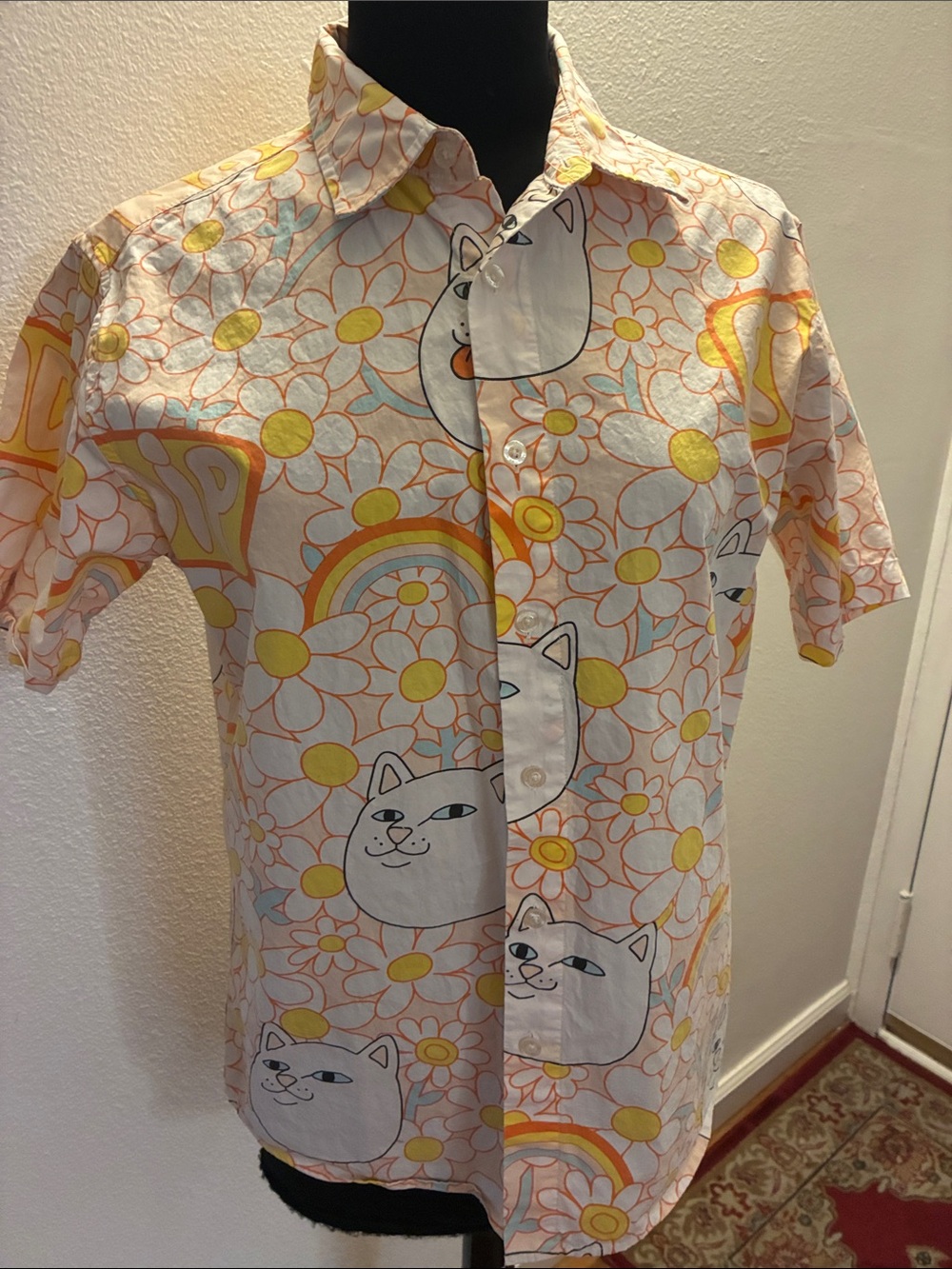 Ripndip Pink & Orange Daisy Cat Print Shirt Small - Picture 1 of 8